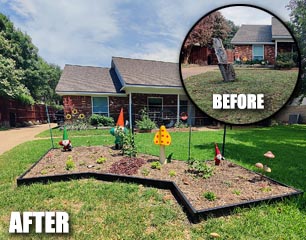 Front Yard Flower Bed Before and After with Gnome Garden and Yard Art